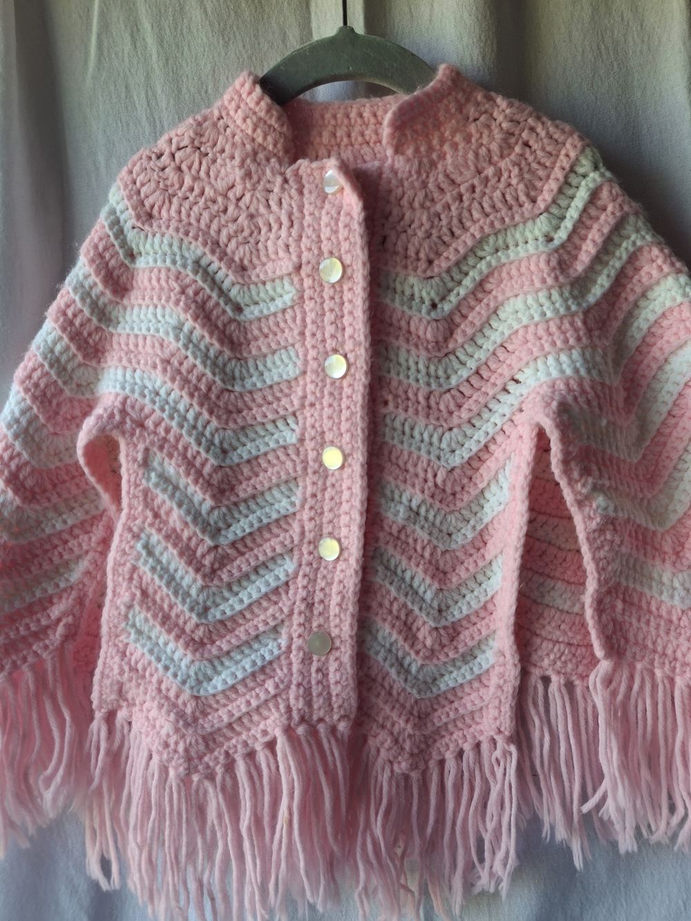 Pink and Ivory Chevron Crochet Fringe Cardigan